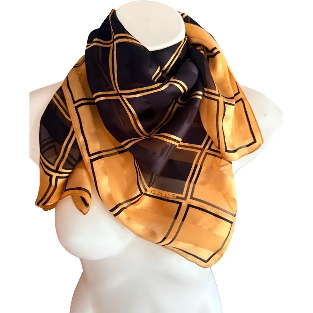 Vintage Echo Silk Scarf 1970s Navy Gold Cream Geometric Windowpane Plaid 30x30